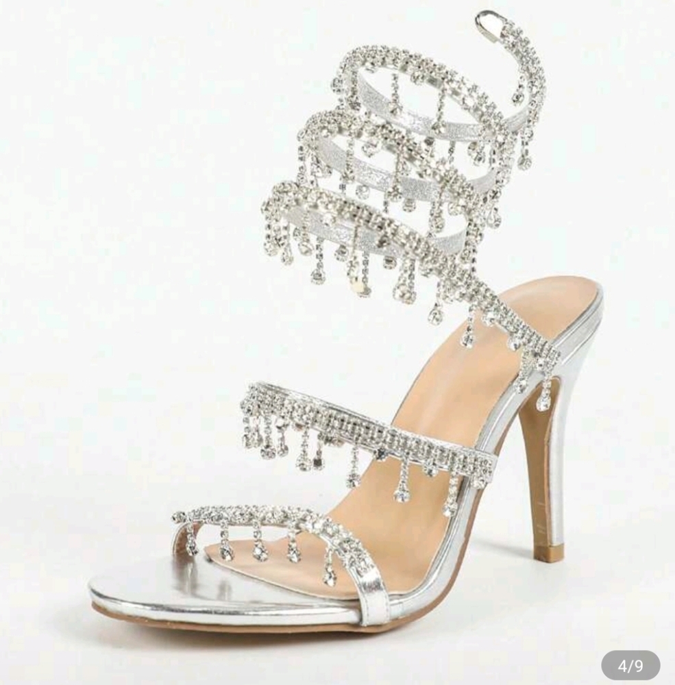 Silver Rhinestone Snake Wrap Peep Toe Stiletto Heels - Picture 8 of 9